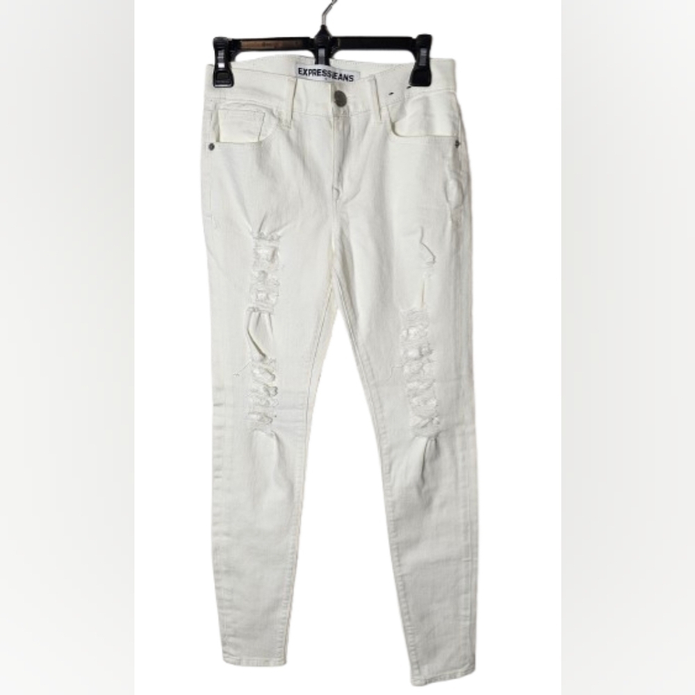 Express Women's White Distressed Mid-Rise Legging Size 2